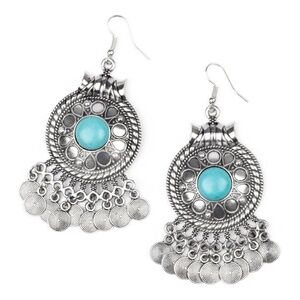 Faux Turquoise Silver Tone Dangle Earrings Boho Bohemian Western Southwestern